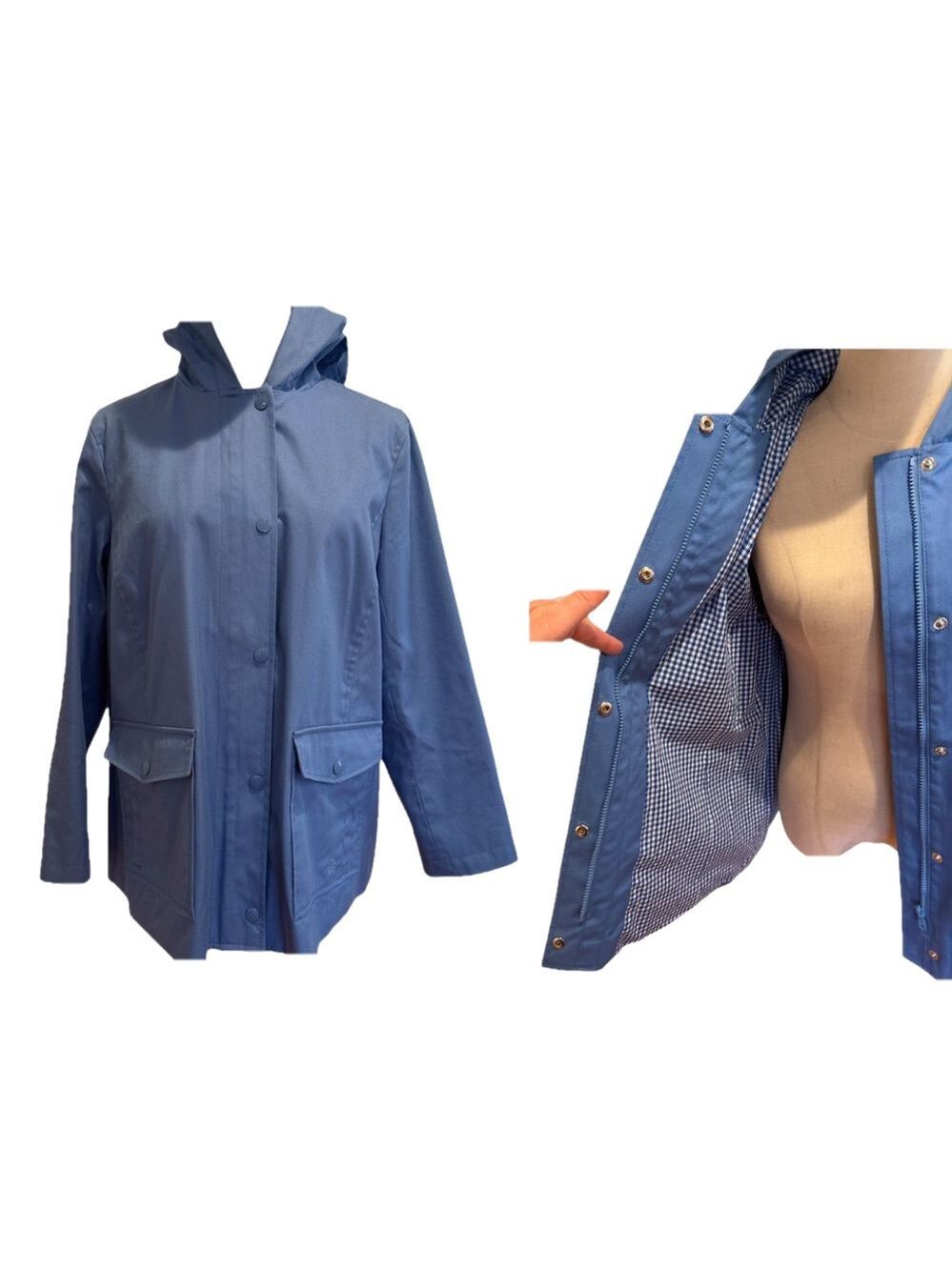 90s TALBOTS PARISIAN BLUE HOODED COTTON JACKET BLUE & WHITE GINGHAM LINING SZ LP